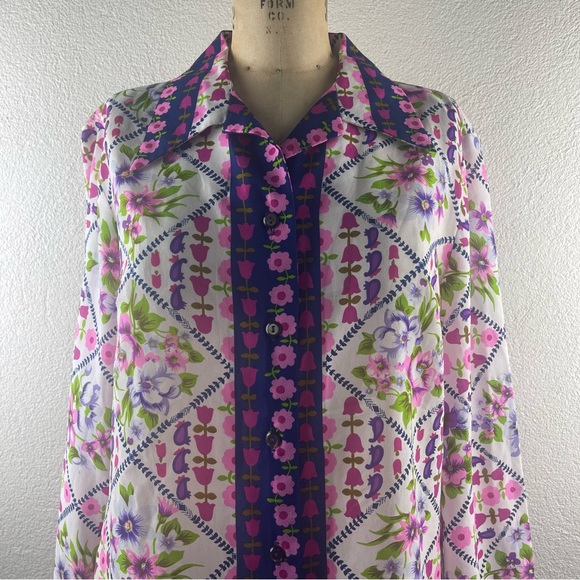Vintage l 70s L Alex Colman Feminine Floral Silky Pointy Collar Disco Mod Blouse - Picture 2 of 16